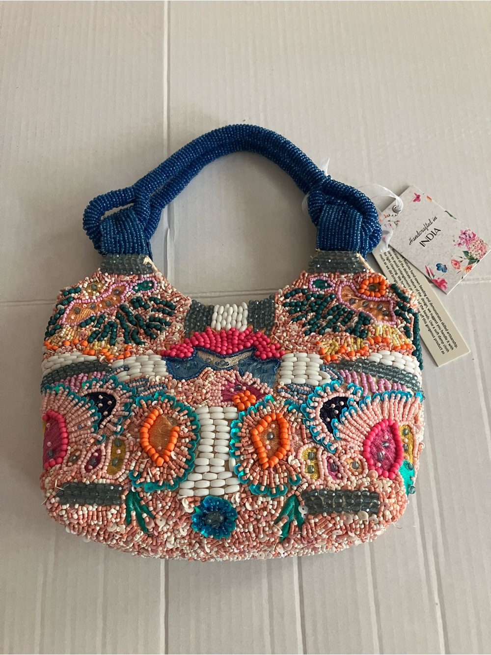 Beaded Multicolor Handbag with Blue Handles by